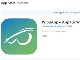 Screenshot der WippApp im App-Store, das Logo der WippApp ist blau-grün mit Farbverlauf von oben nach unten mit einem geschwungenen, weißen w in der Mitte
