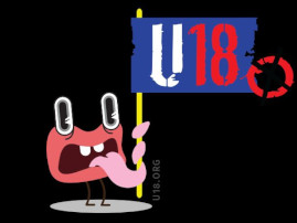 Symbolbild zur U18-Wahl, es zeigt ein Fantasiewesen mit großen Augen und heraushängender Zunge, die Zunge umwickelt ein Schild mit der Aufschrift U18